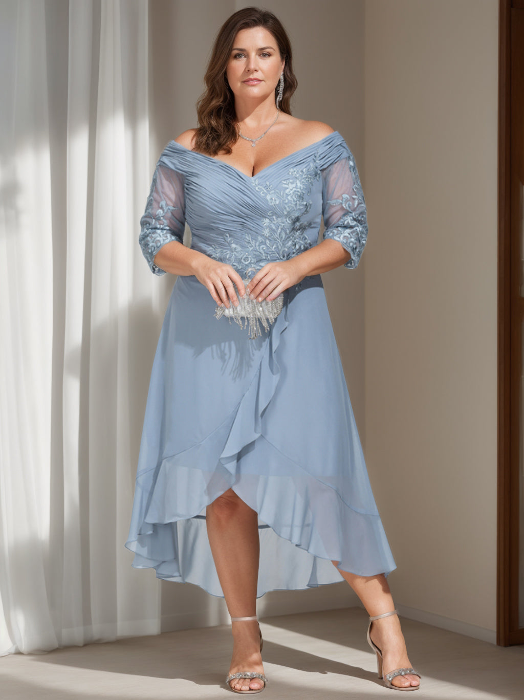 A-Line/Princess Off-the-Shoulder 3/4 Length Sleeves Asymmetrical Plus Size Mother of the Bride Dresses with Sequins