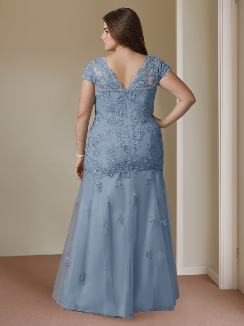 Trumpet/Mermaid Sweetheart Cap Sleeves Floor-Length Plus Size Mother of the Bride Dresses with Lace, Beaded & Sequins