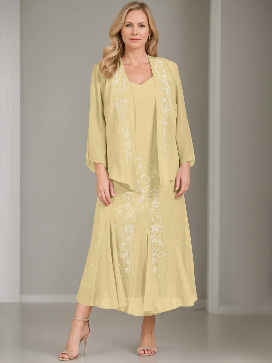 champagne mother of the bride dress with jacket & this outfit will make you feel classy and confident on your brides big day Best Champagne Mother of the