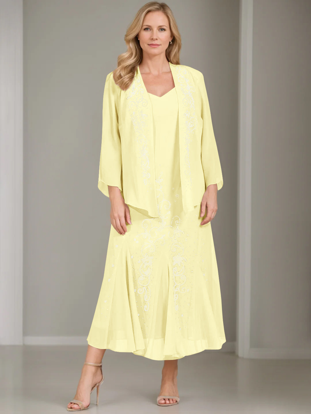 A-Line/Princess 2 Pieces V-Neck Tea-Length Plus Size Mother of the