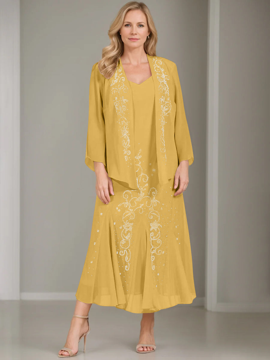 A-Line/Princess 2 Pieces V-Neck Tea-Length Plus Size Mother of the Bride Dresses with Jacket & Sequins