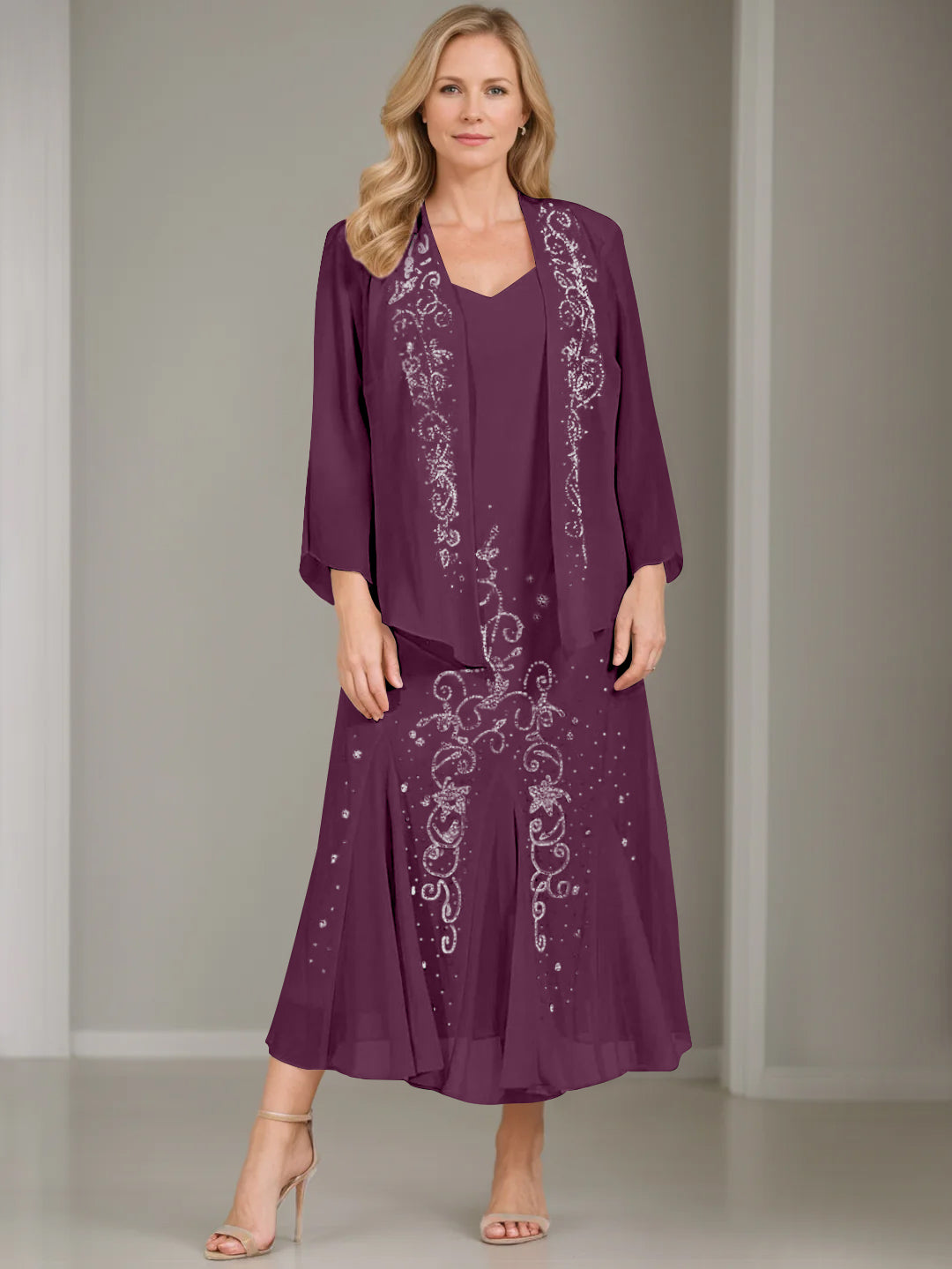 A-Line/Princess 2 Pieces V-Neck Tea-Length Plus Size Mother of the
