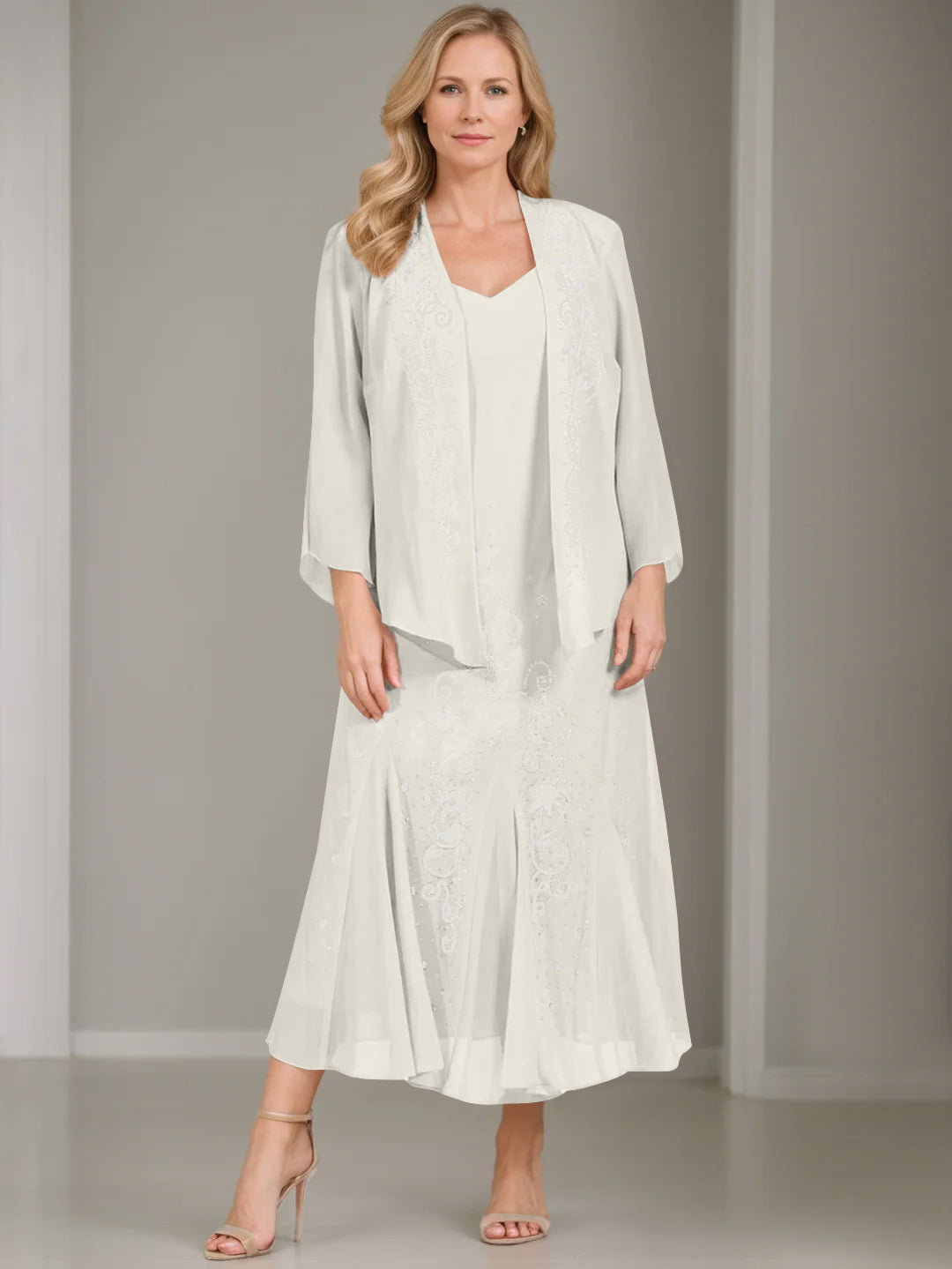 peu à beauté トレスパ　3LとLL A-Line/Princess 2 Pieces V-Neck Tea-Length Plus Size Mother of the