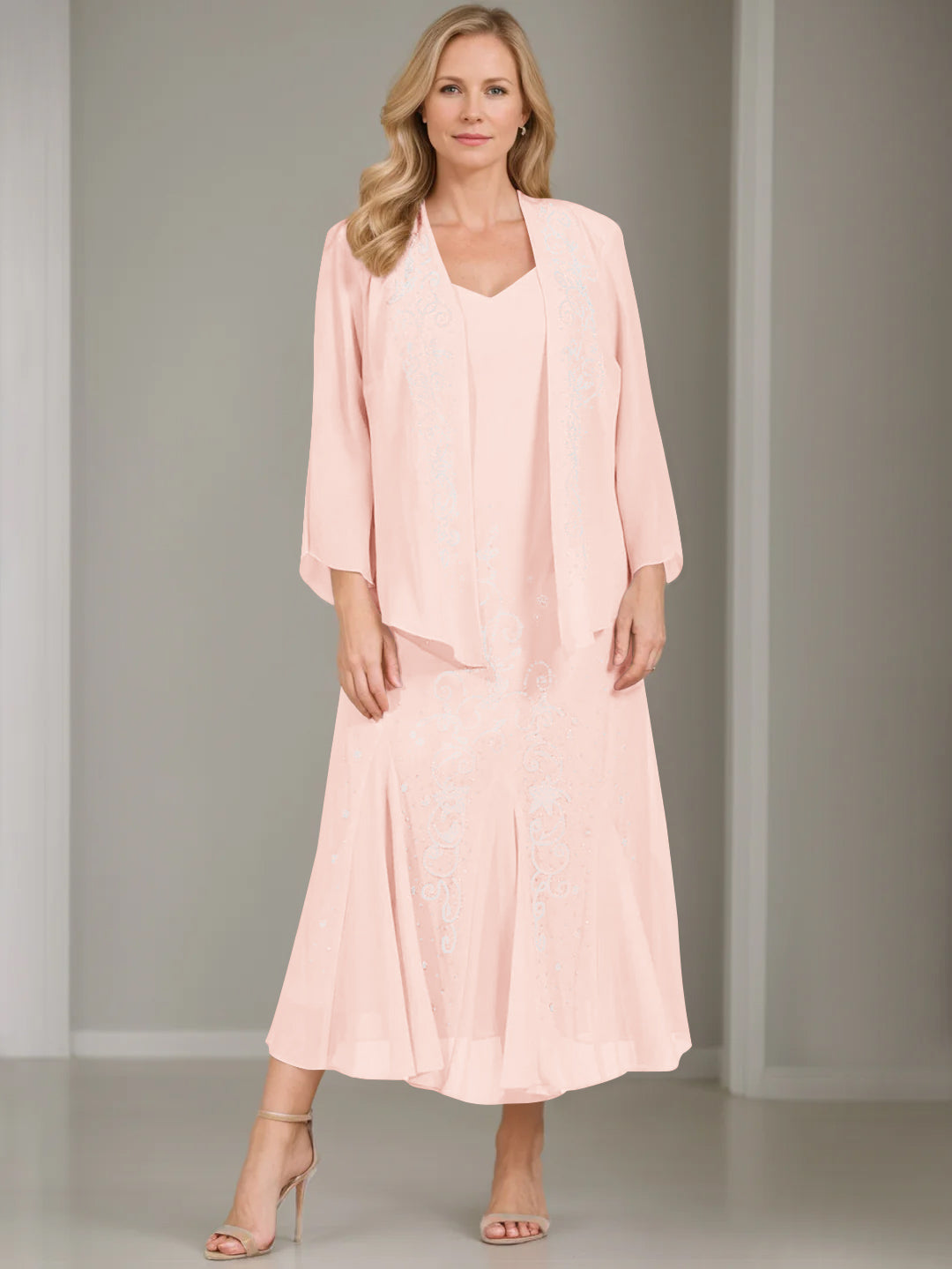 A-Line/Princess 2 Pieces V-Neck Tea-Length Plus Size Mother of the