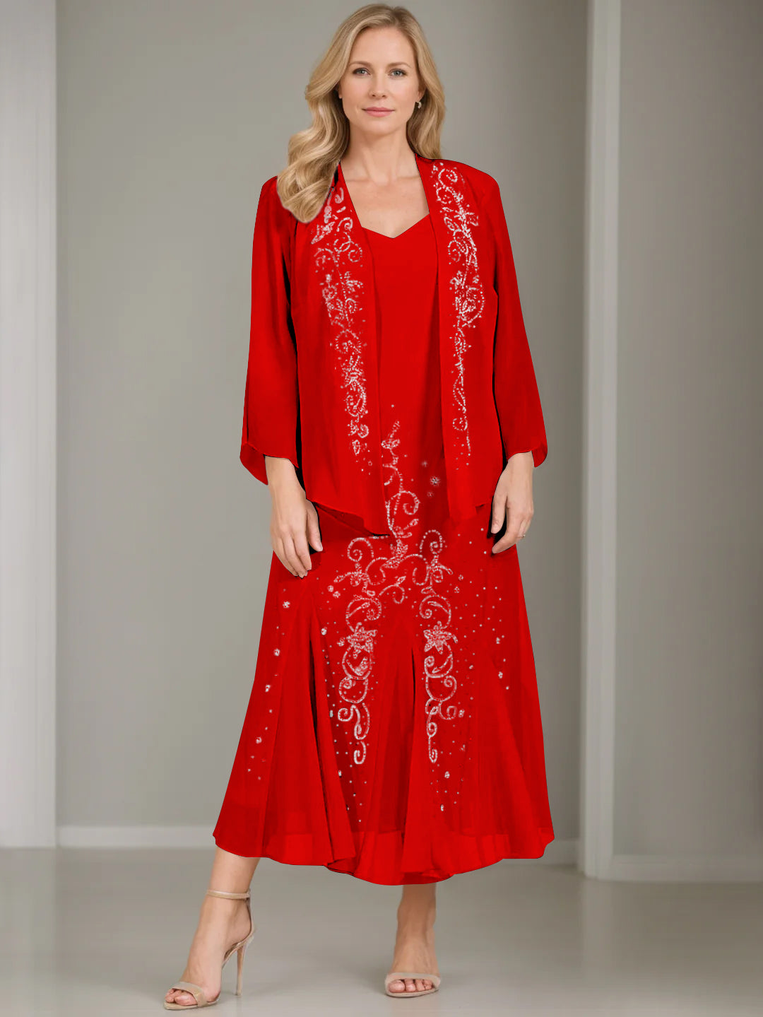 A-Line/Princess 2 Pieces V-Neck Tea-Length Plus Size Mother of the