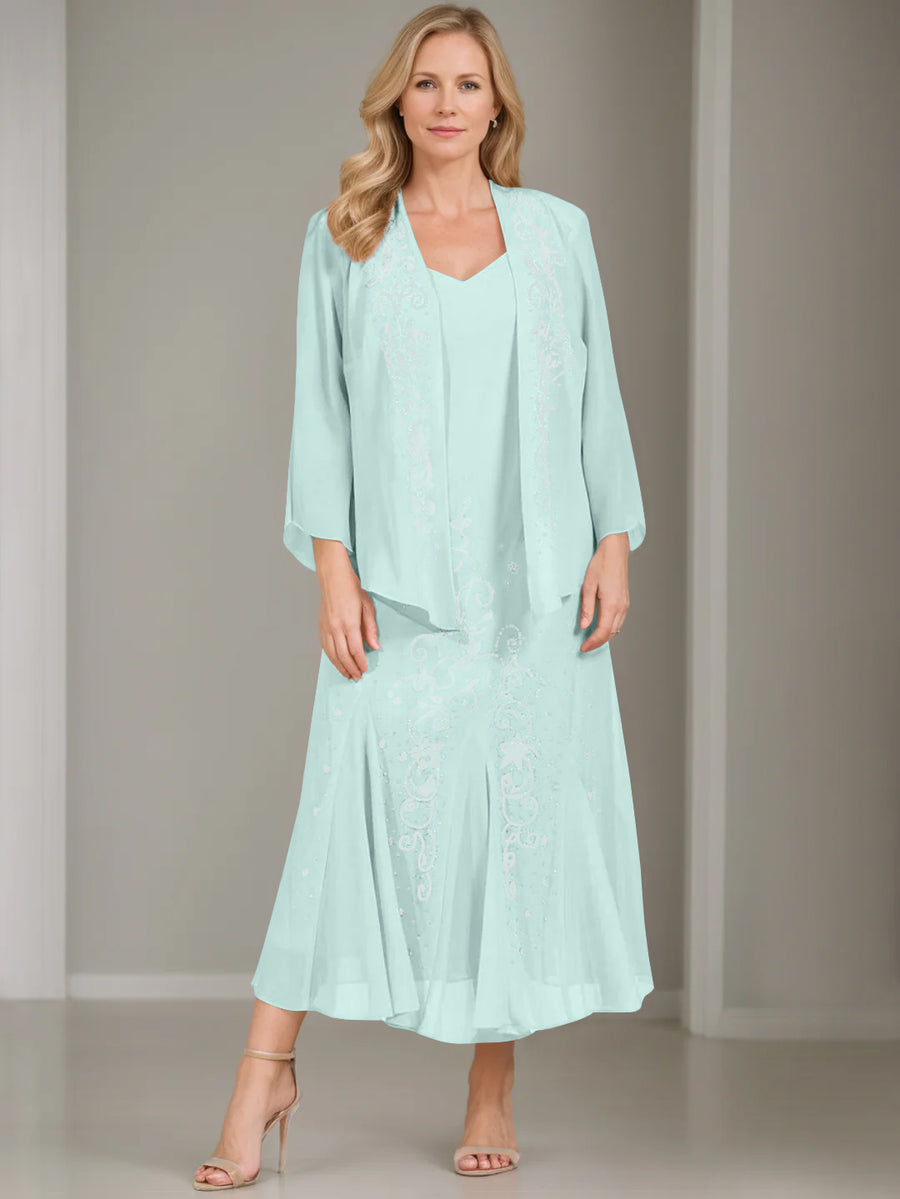 A-Line/Princess 2 Pieces V-Neck Tea-Length Plus Size Mother of the Bride Dresses with Jacket & Sequins
