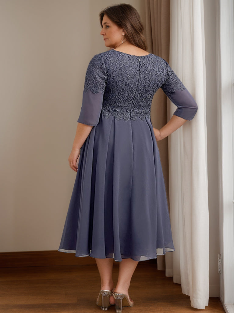 A Line/Princess V-Neck 3/4 Sleeves Tea-Length Plus Size Mother of the Bride Dresses