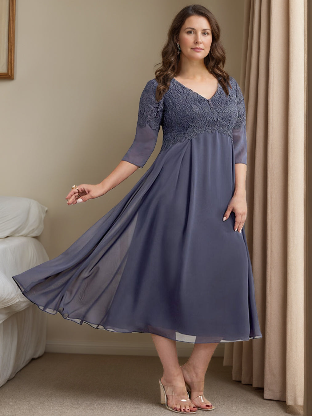 Lace Chiffon Mother of the Bride Dresses Plus Size 2026 A Line/Princess V-Neck 3/4 Sleeves Tea-Length Wedding Party Formal Guest Evening Gowns, Stormy