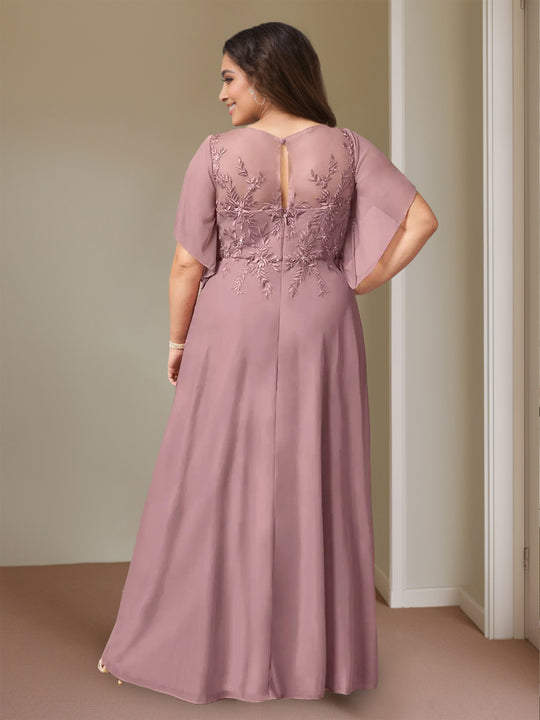 A-Line/Princess Round Neck Half Sleeves Floor-Length Plus Size Mother of the Bride Dresses with Hot Drill