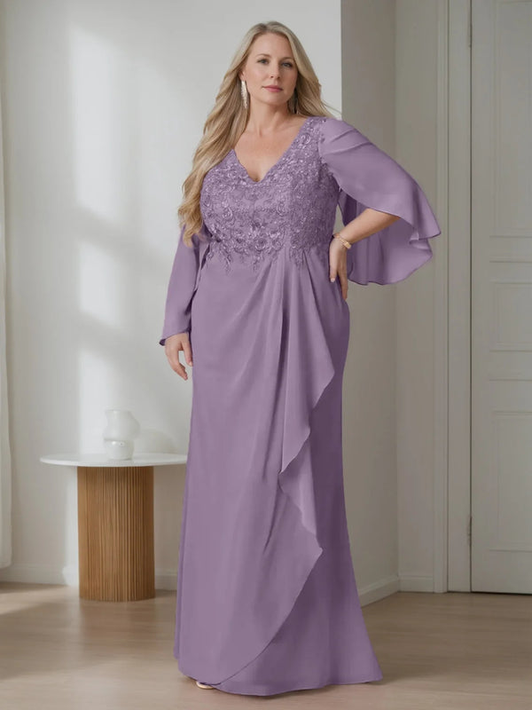 A-Line/Princess V-Neck Long Sleeves Floor-Length Plus Size Mother of the Bride Dresses with Ruffles