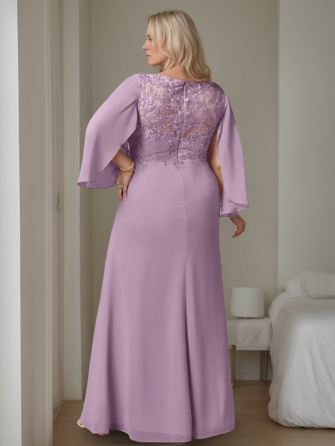 A-Line/Princess V-Neck Long Sleeves Floor-Length Plus Size Mother of the Bride Dresses with Ruffles