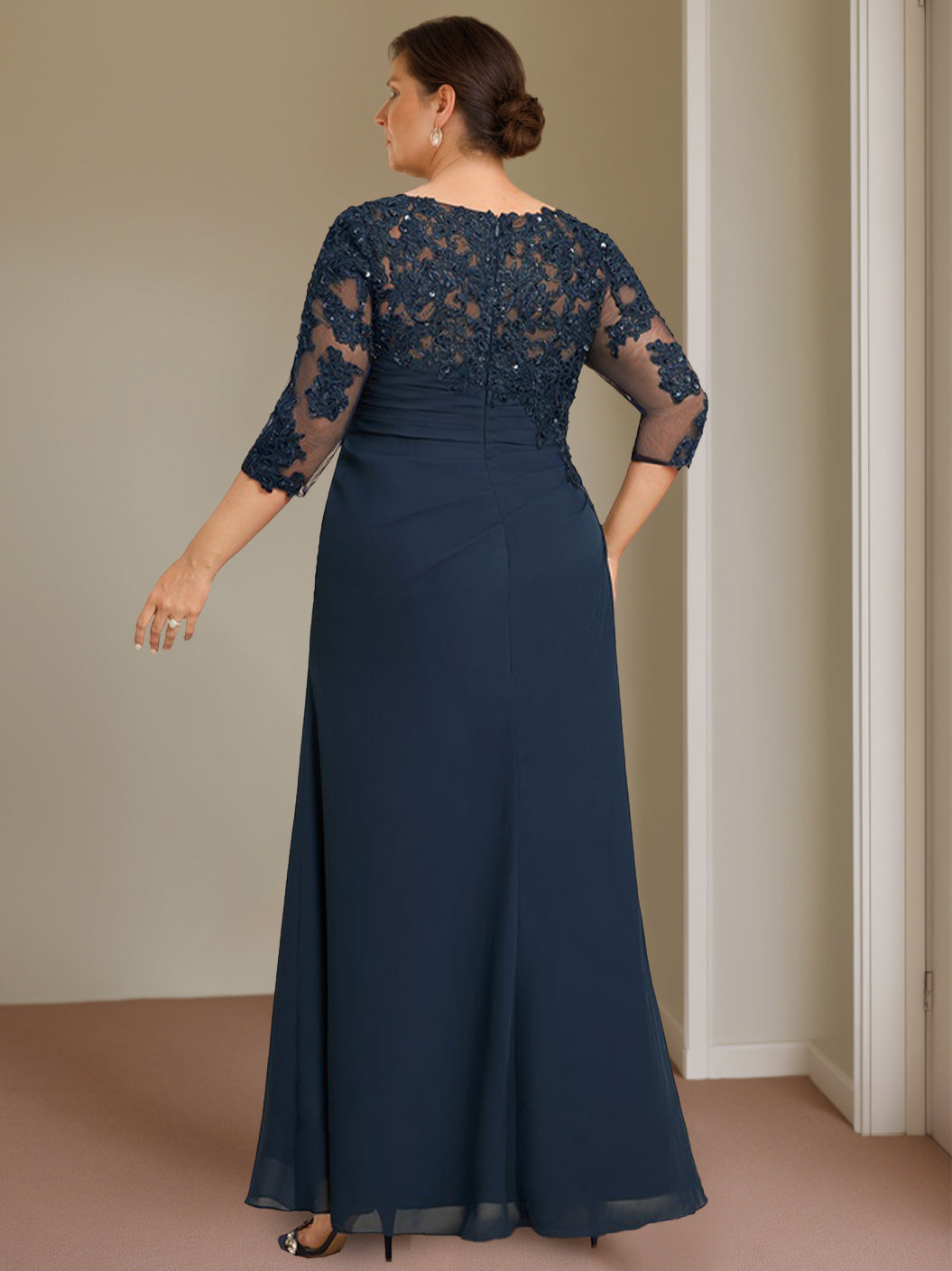 Sheath/Column Scoop Neck Half Sleeves Floor-Length Plus Size Mother of the Bride Dresses with Ruffles