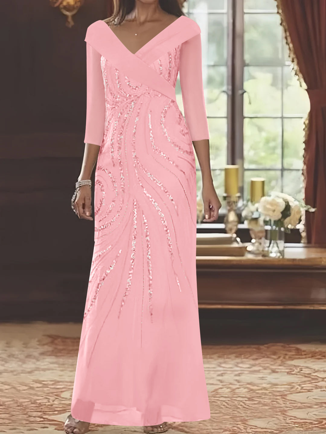 Sheath/Column V-Neck 3/4 Length Sleeve Floor-Length Mother of the Bride Dresses with Sequins Beading Sheath/Column V-Neck 3/4 Length Sleeve Floor-Length Mother of the Bride Dresses with Sequins Beading