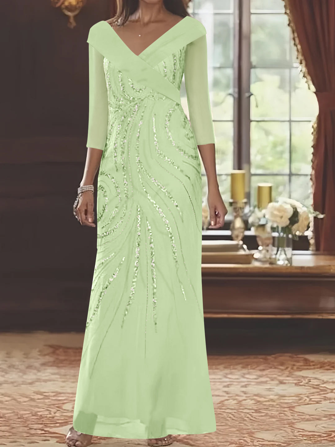 celadon green dress Sheath/Column V-Neck 3/4 Length Sleeve Floor-Length Mother of the Bride Dresses with Sequins Beading Celadon