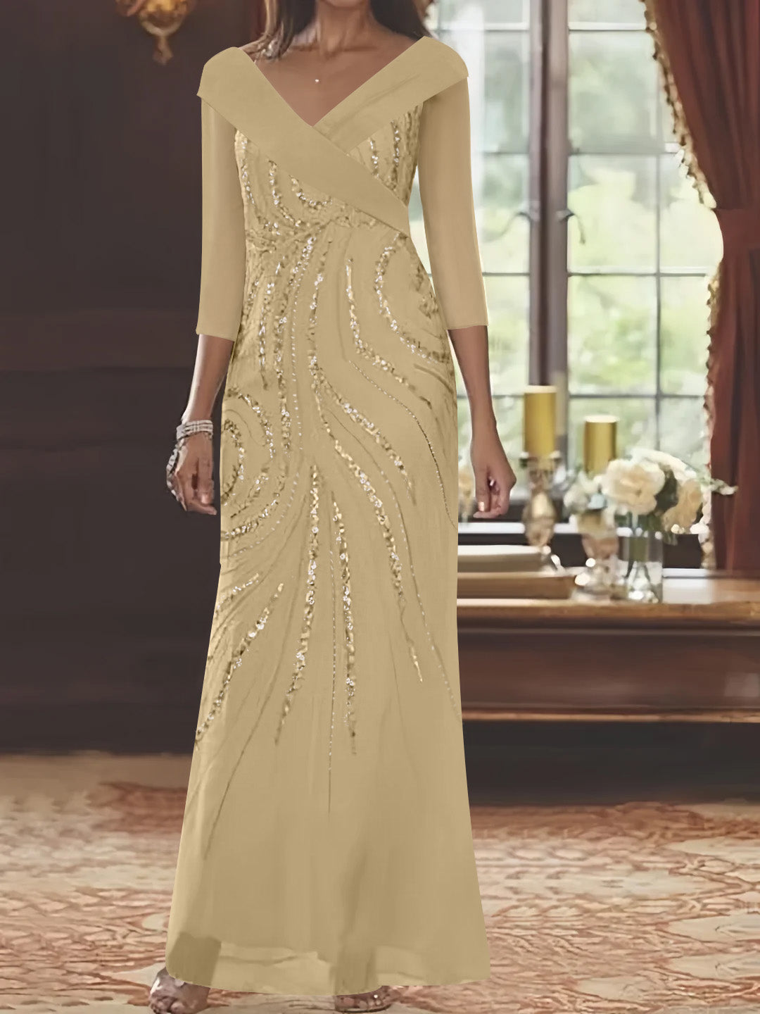 Sheath/Column V-Neck 3/4 Length Sleeve Floor-Length Mother of the Bride Dresses with Sequins Beading