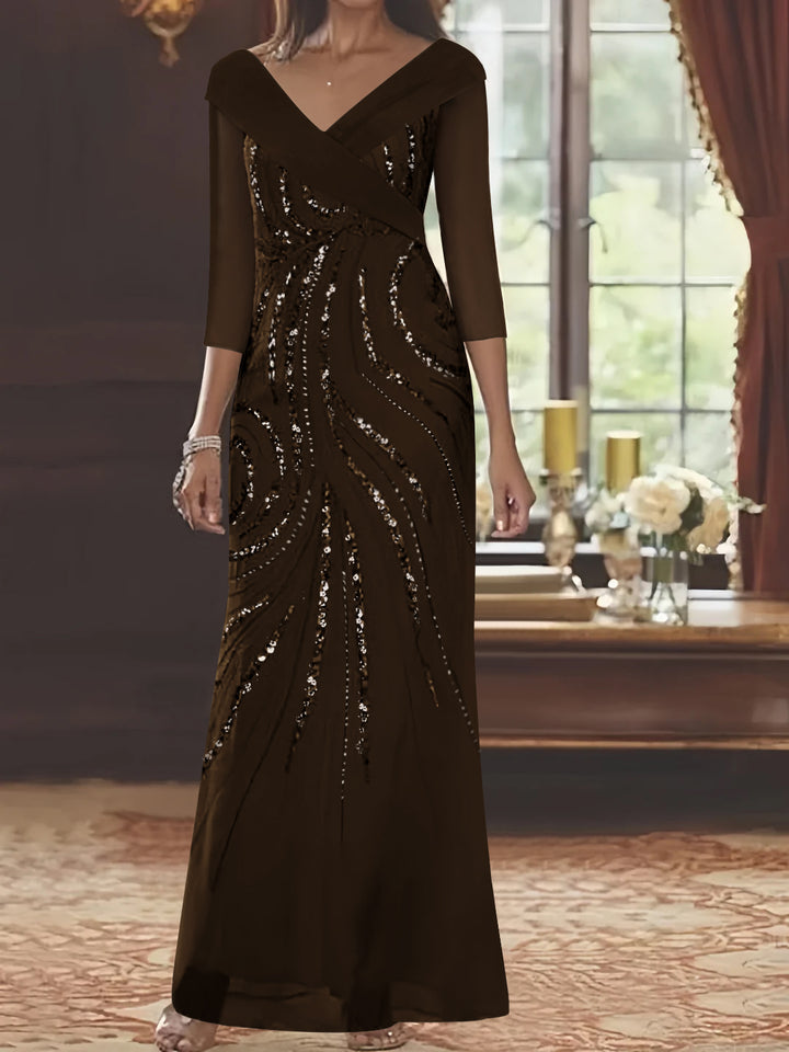 Sheath/Column V-Neck 3/4 Length Sleeve Floor-Length Mother of the Bride Dresses with Sequins