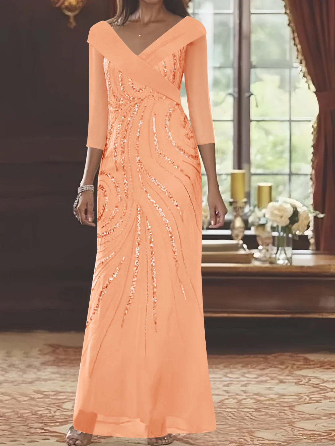 Sheath/Column V-Neck 3/4 Length Sleeve Floor-Length Mother of the Bride Dresses with Sequins Beading Coral Sheath/Column V-Neck 3/4 Length Sleeve Floor-Length Mother of the Bride Dresses with Sequins Beading Coral