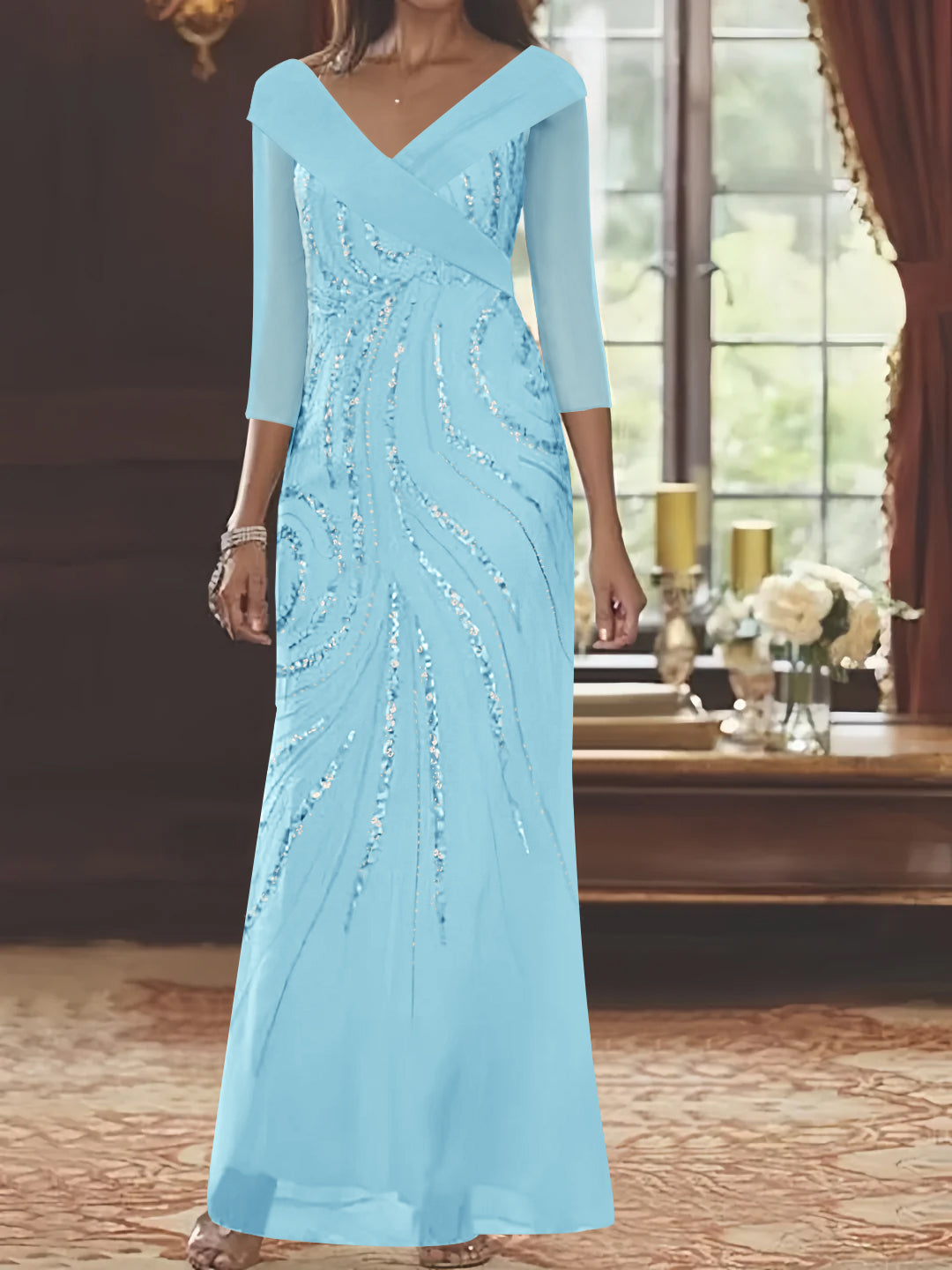 Sheath/Column V-Neck 3/4 Length Sleeve Floor-Length Mother of the
