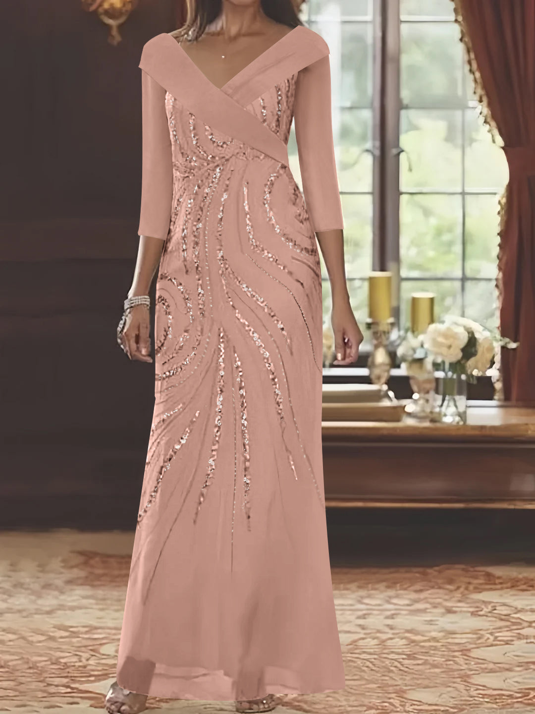 Sheath/Column V-Neck 3/4 Length Sleeve Floor-Length Mother of the Bride Dresses with Sequins Beading Mauve Sheath/Column V-Neck 3/4 Length Sleeve Floor-Length Mother of the Bride Dresses with Sequins Beading Mauve