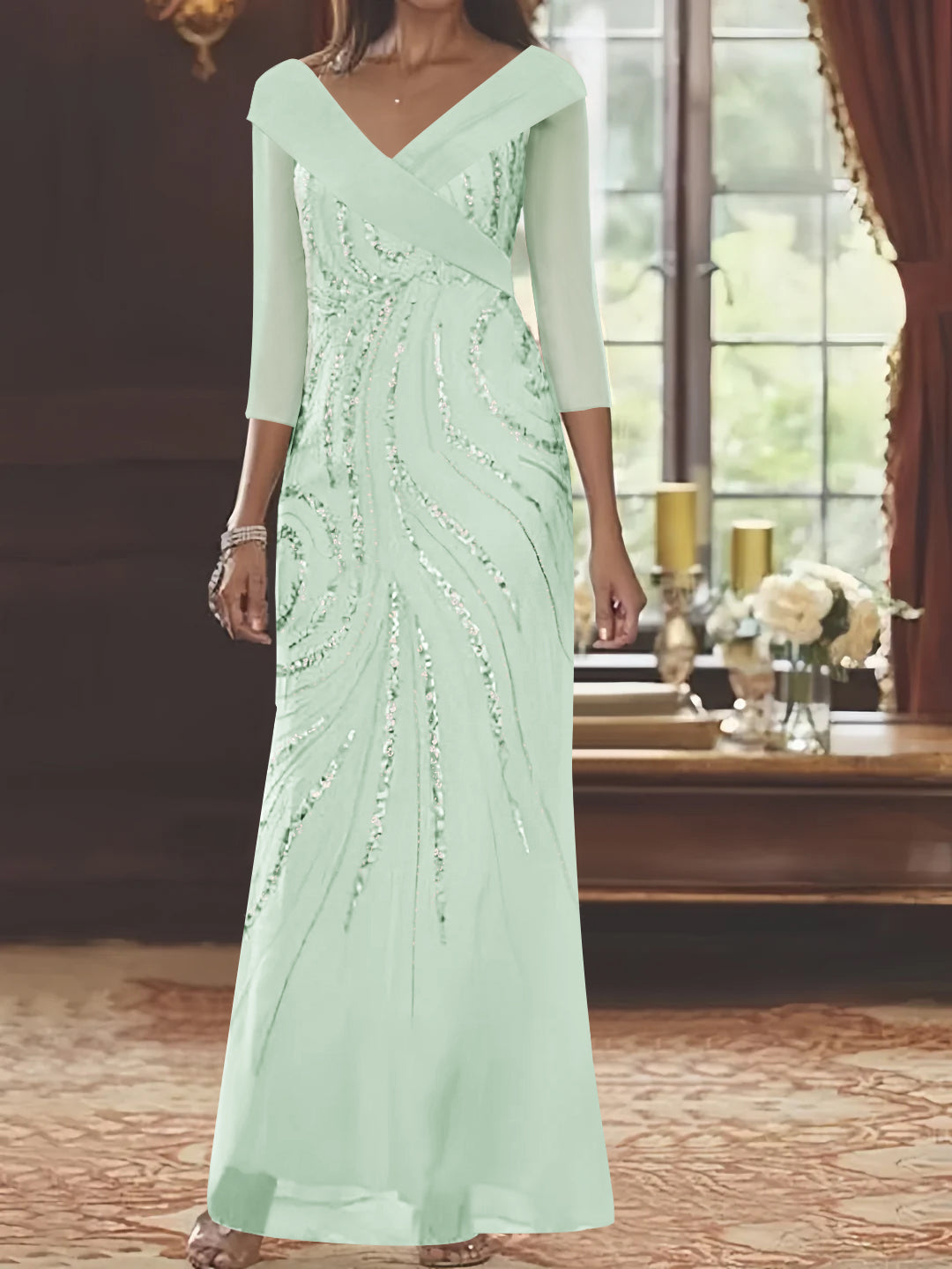 Sheath/Column V-Neck 3/4 Length Sleeve Floor-Length Mother of the Brid - Mondressy Sheath/Column V-Neck 3/4 Length Sleeve Floor-Length Mother of the Brid - Mondressy