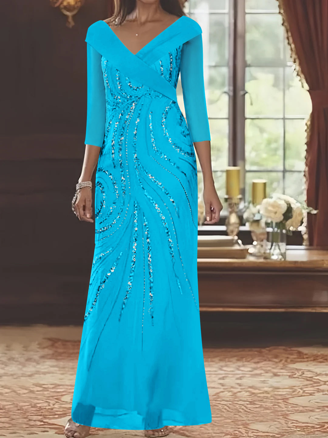 Sheath/Column V-Neck 3/4 Length Sleeve Floor-Length Mother of the Bride Dresses with Sequins Beading Ocean Blue Sheath/Column V-Neck 3/4 Length Sleeve Floor-Length Mother of the Bride Dresses with Sequins Beading Ocean Blue