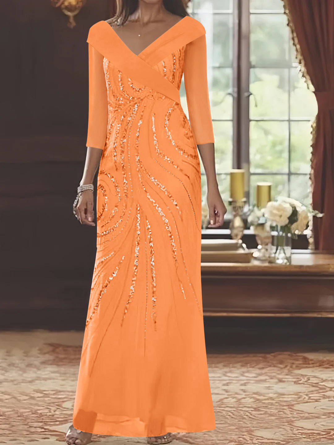 Sheath/Column V-Neck 3/4 Length Sleeve Floor-Length Mother of the Bride Dresses with Sequins Beading Orange Sheath/Column V-Neck 3/4 Length Sleeve Floor-Length Mother of the Bride Dresses with Sequins Beading Orange