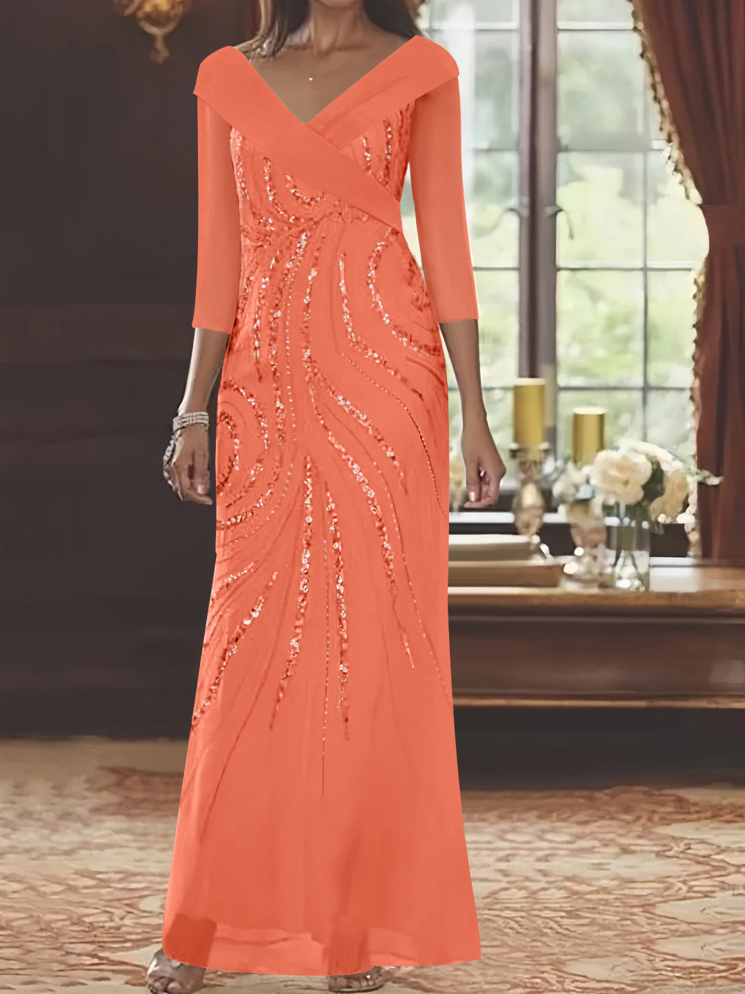 Sheath/Column V-Neck 3/4 Length Sleeve Floor-Length Mother of the Bride Dresses with Sequins Beading Papaya Sheath/Column V-Neck 3/4 Length Sleeve Floor-Length Mother of the Bride Dresses with Sequins Beading Papaya