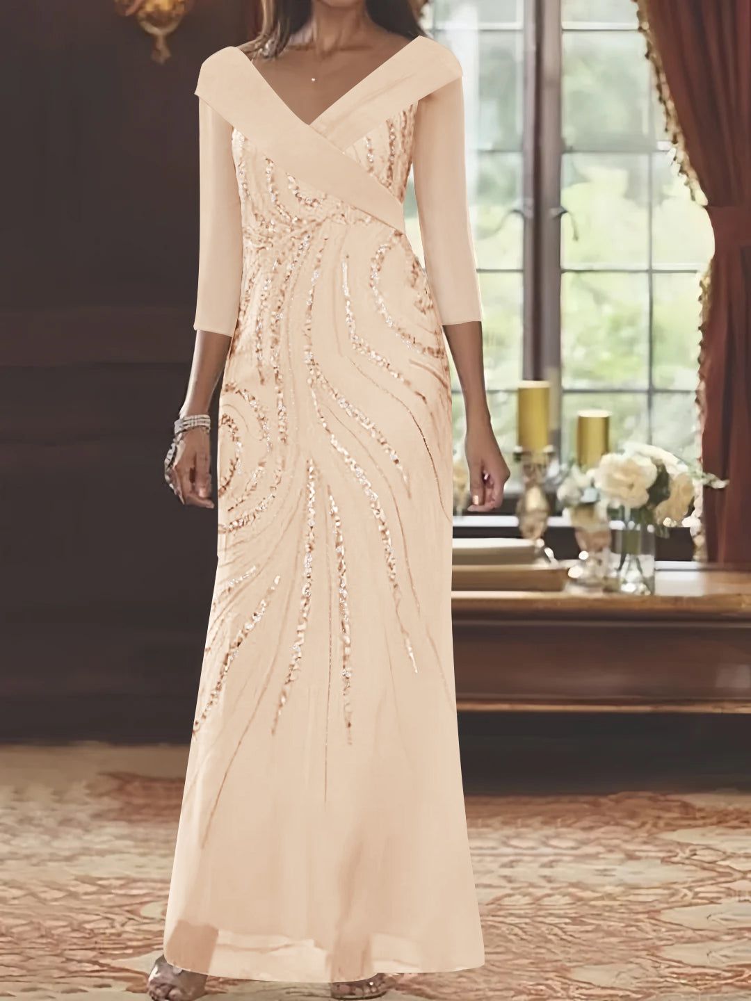 Sheath/Column V-Neck 3/4 Length Sleeve Floor-Length Mother of the