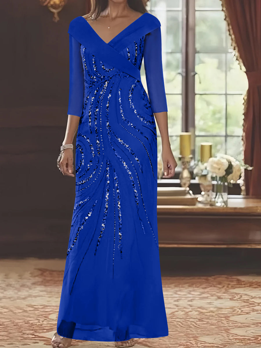 Sheath/Column V-Neck 3/4 Length Sleeve Floor-Length Mother of the Bride Dresses with Sequins