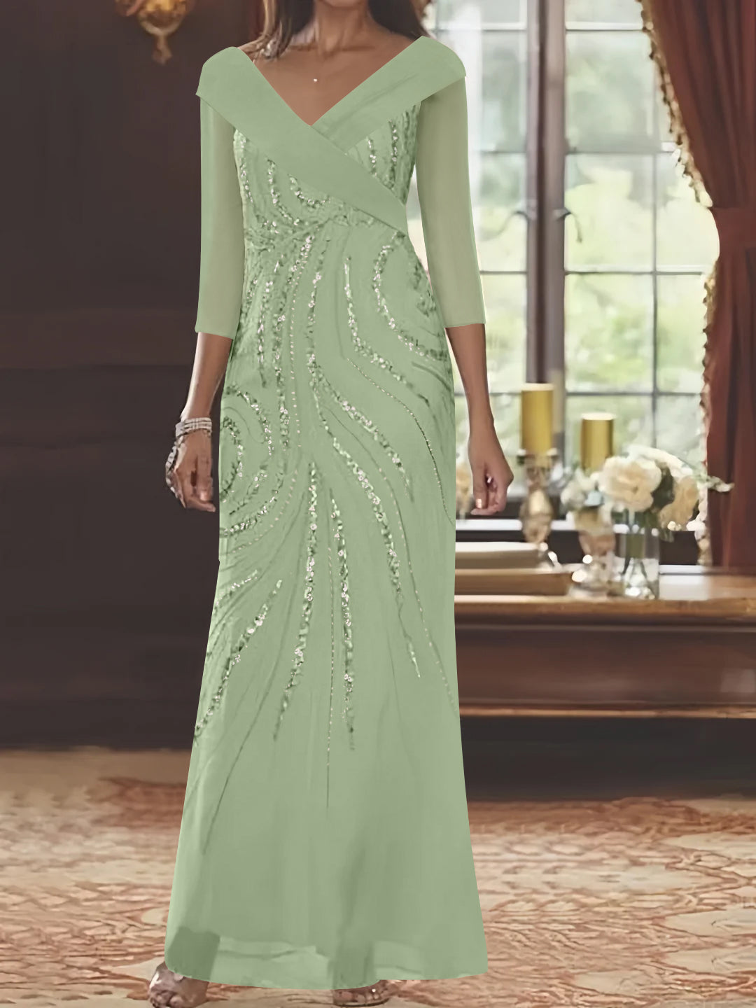 Sheath/Column V-Neck 3/4 Length Sleeve Floor-Length Mother of the Bride Dresses with Sequins