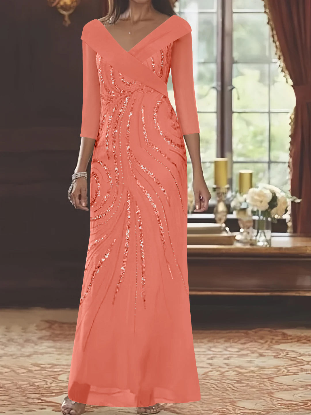 Sheath/Column V-Neck 3/4 Length Sleeve Floor-Length Mother of the Bride Dresses with Sequins Beading Watermelon Sheath/Column V-Neck 3/4 Length Sleeve Floor-Length Mother of the Bride Dresses with Sequins Beading Watermelon