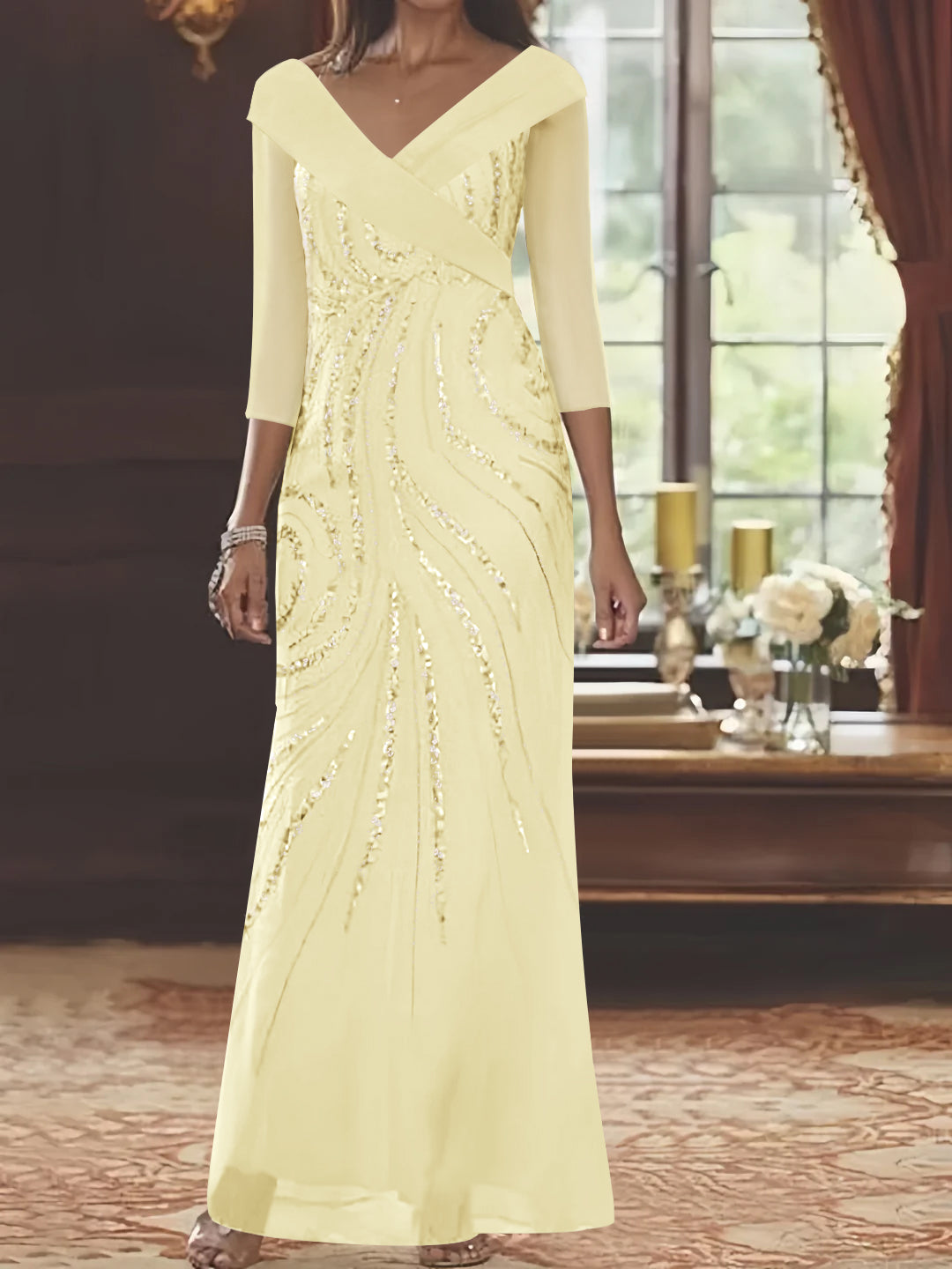 Sheath/Column V-Neck 3/4 Length Sleeve Floor-Length Mother of the Bride Dresses with Sequins Beading Yellow