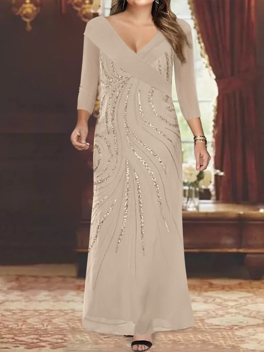 Sheath/Column V-Neck 3/4 Length Sleeve Floor-Length Mother of the Bride Dresses with Sequins