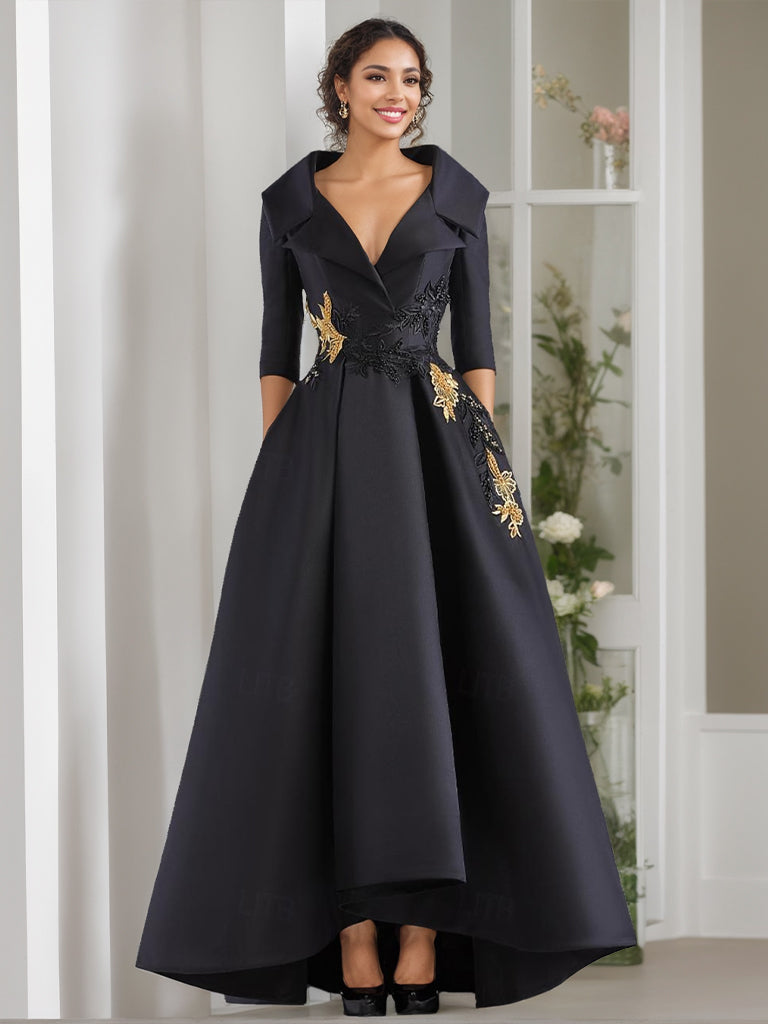 A-Line/Princess V-Neck 3/4 Sleeves Floor Length Mother of the Bride Dresses With Appliques & Beading Charcoal Gray