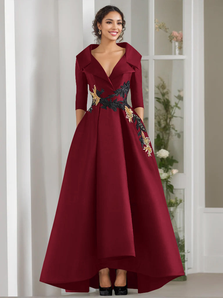 A-Line/Princess V-Neck 3/4 Sleeves Floor Length Mother of the Bride Dresses With Appliques & Beading Burgundy A-Line/Princess V-Neck 3/4 Sleeves Floor Length Mother of the Bride Dresses With Appliques & Beading Burgundy
