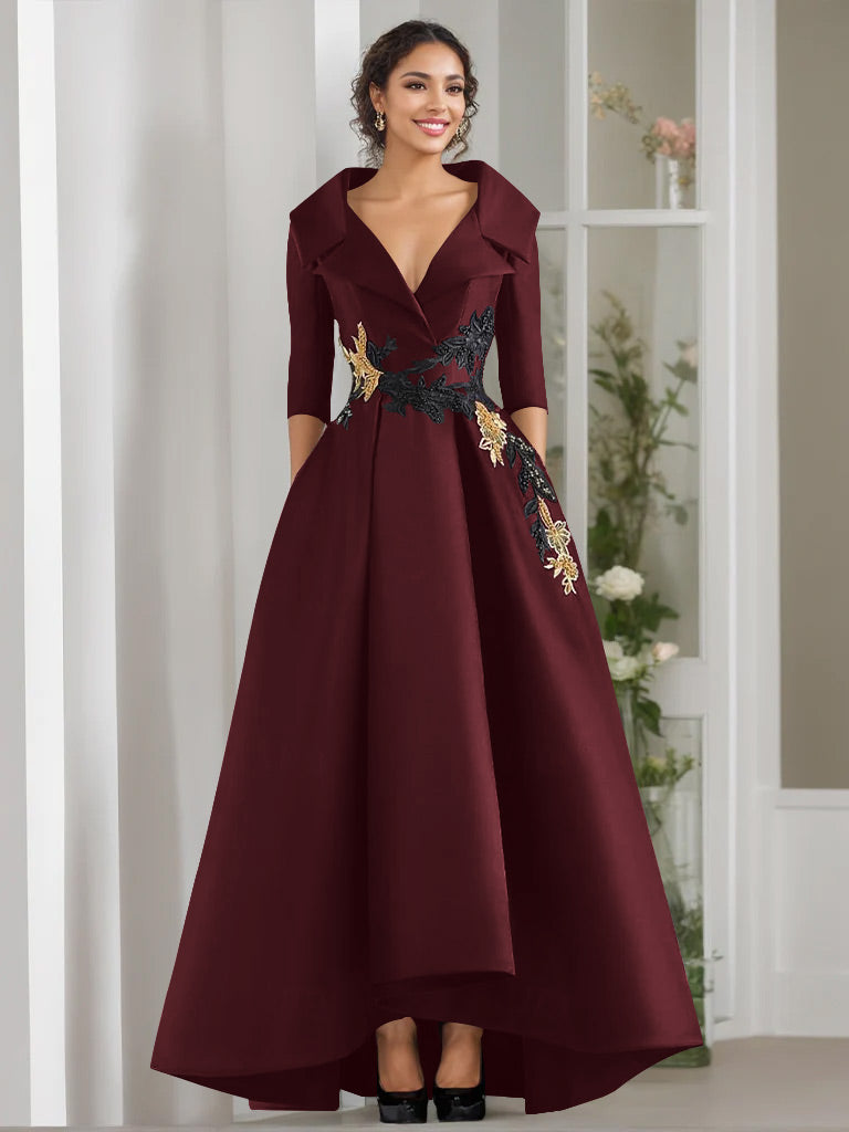 A-Line/Princess V-Neck 3/4 Sleeves Floor Length Mother of the Bride Dresses With Appliques & Beading Cabernet A-Line/Princess V-Neck 3/4 Sleeves Floor Length Mother of the Bride Dresses With Appliques & Beading Cabernet