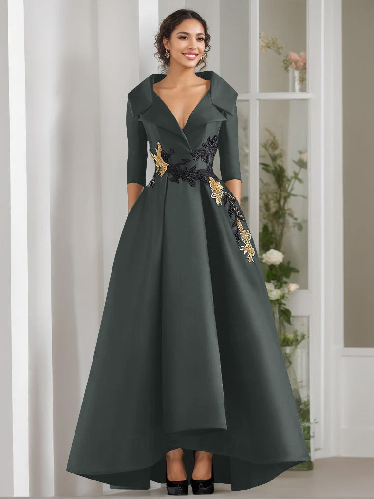 A-Line/Princess V-Neck 3/4 Sleeves Floor Length Mother of the Bride Dresses With Appliques & Beading Charcoal Gray A-Line/Princess V-Neck 3/4 Sleeves Floor Length Mother of the Bride Dresses With Appliques & Beading Charcoal Gray