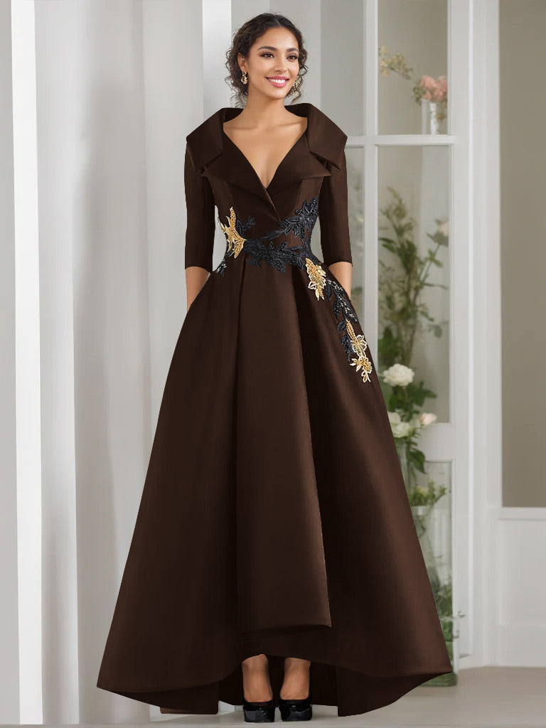 A-Line/Princess V-Neck 3/4 Sleeves Floor Length Mother of the Bride Dresses With Appliques & Beading Chocolate A-Line/Princess V-Neck 3/4 Sleeves Floor Length Mother of the Bride Dresses With Appliques & Beading Chocolate