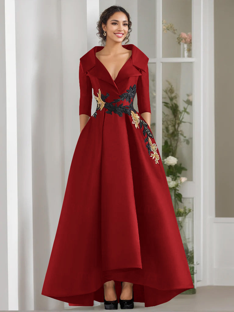 A-Line/Princess V-Neck 3/4 Sleeves Floor Length Mother of the Bride Dresses With Appliques & Beading Dark Red