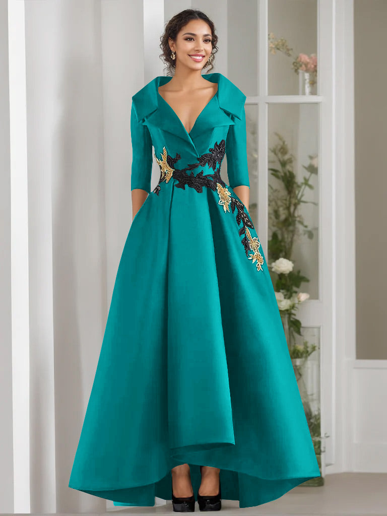Emerald Green  A-Line Princess Mother of the Bride Dresses with V-Neck, 3/4 Sleeves, Floor Length, Appliques & Beading
