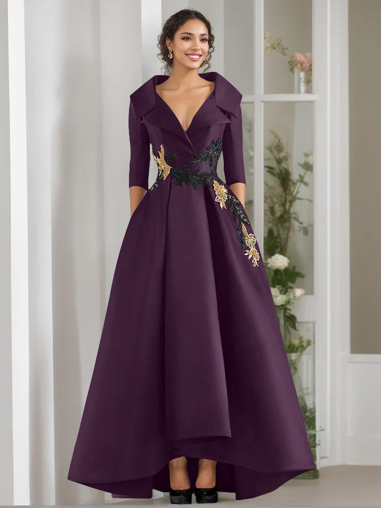A-Line/Princess V-Neck 3/4 Sleeves Floor Length Mother of the Bride Dr - Mondressy A-Line/Princess V-Neck 3/4 Sleeves Floor Length Mother of the Bride Dr - Mondressy