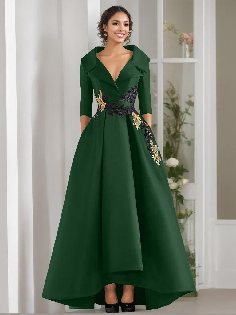 A-Line/Princess V-Neck 3/4 Sleeves Floor Length Mother of the Bride Dresses With Appliques & Beading Green Black A-Line/Princess V-Neck 3/4 Sleeves Floor Length Mother of the Bride Dresses With Appliques & Beading Green Black