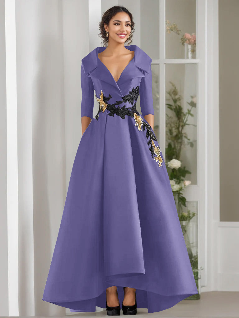 A-Line/Princess V-Neck 3/4 Sleeves Floor Length Mother of the Bride Dresses With Appliques & Beading Lavender A-Line/Princess V-Neck 3/4 Sleeves Floor Length Mother of the Bride Dresses With Appliques & Beading Lavender