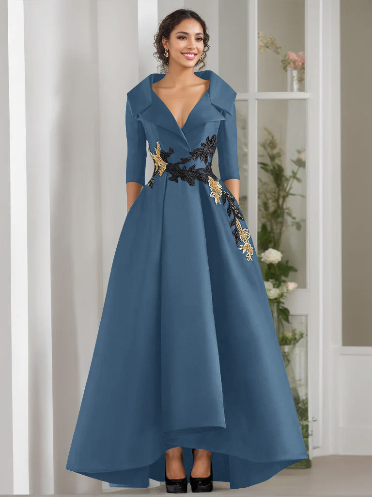 A-Line/Princess V-Neck 3/4 Sleeves Floor Length Mother of the Bride Dresses With Appliques & Beading Stormy A-Line/Princess V-Neck 3/4 Sleeves Floor Length Mother of the Bride Dresses With Appliques & Beading Stormy