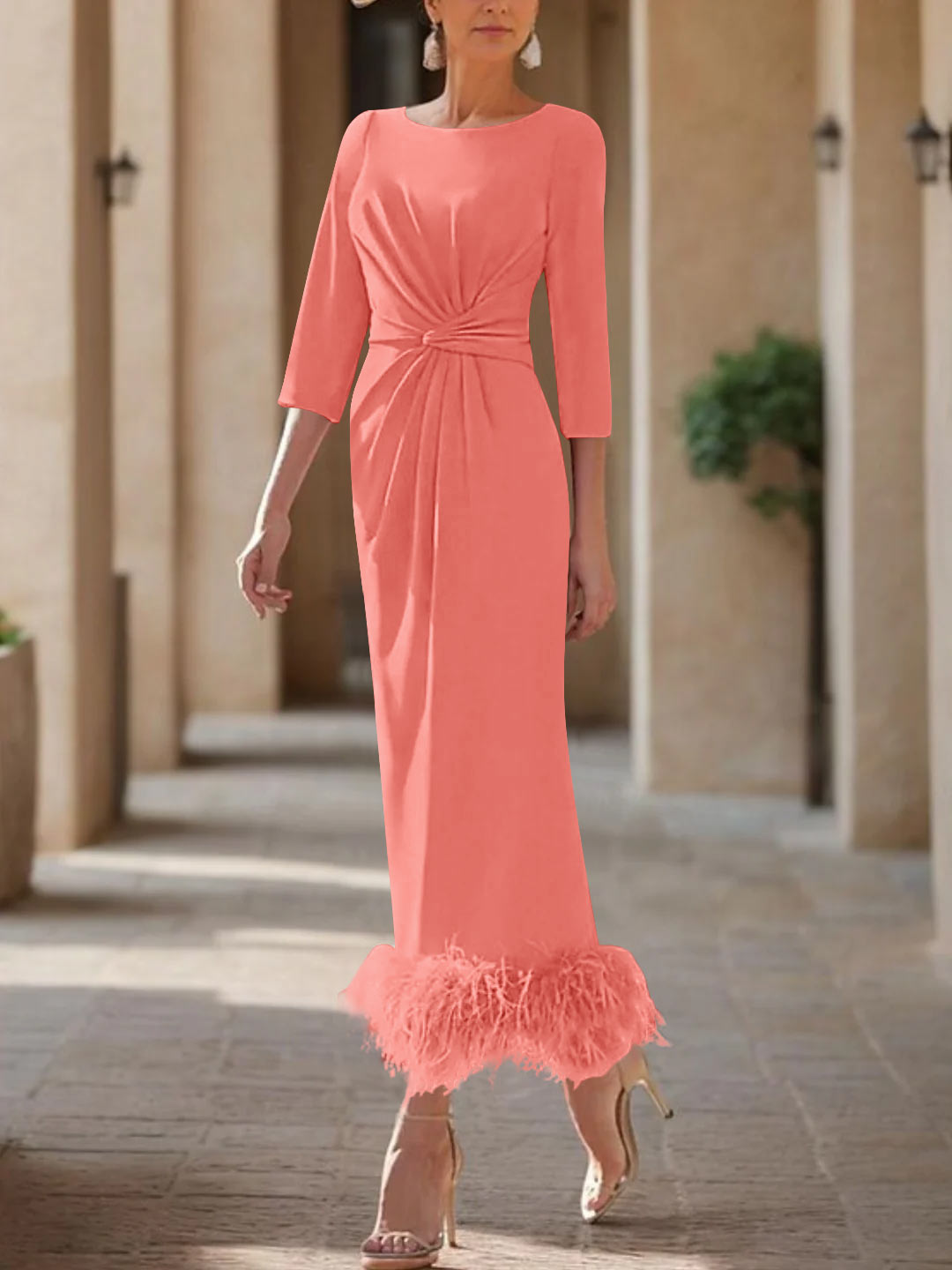 Sheath/Column Scoop Neck Ankle Length Elegant Mother of the Bride  & Groom Dresses with Feather