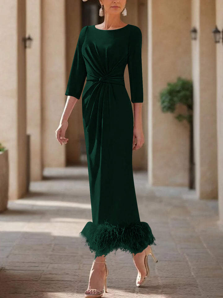 Sheath/Column Scoop Neck Ankle Length Elegant Mother of the Bride  & Groom Dresses with Feather