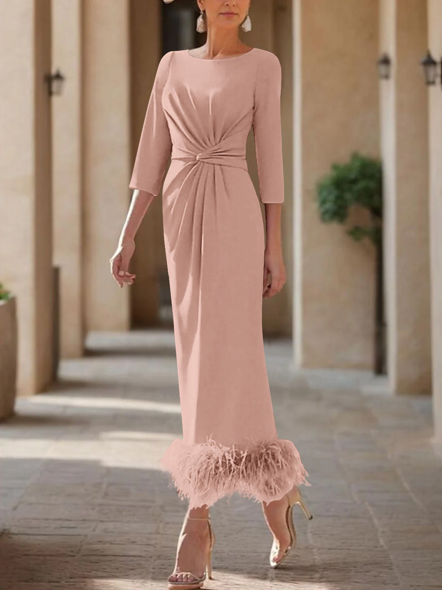 Sheath/Column Scoop Neck Ankle Length Elegant Mother of the Bride  & Groom Dresses with Feather