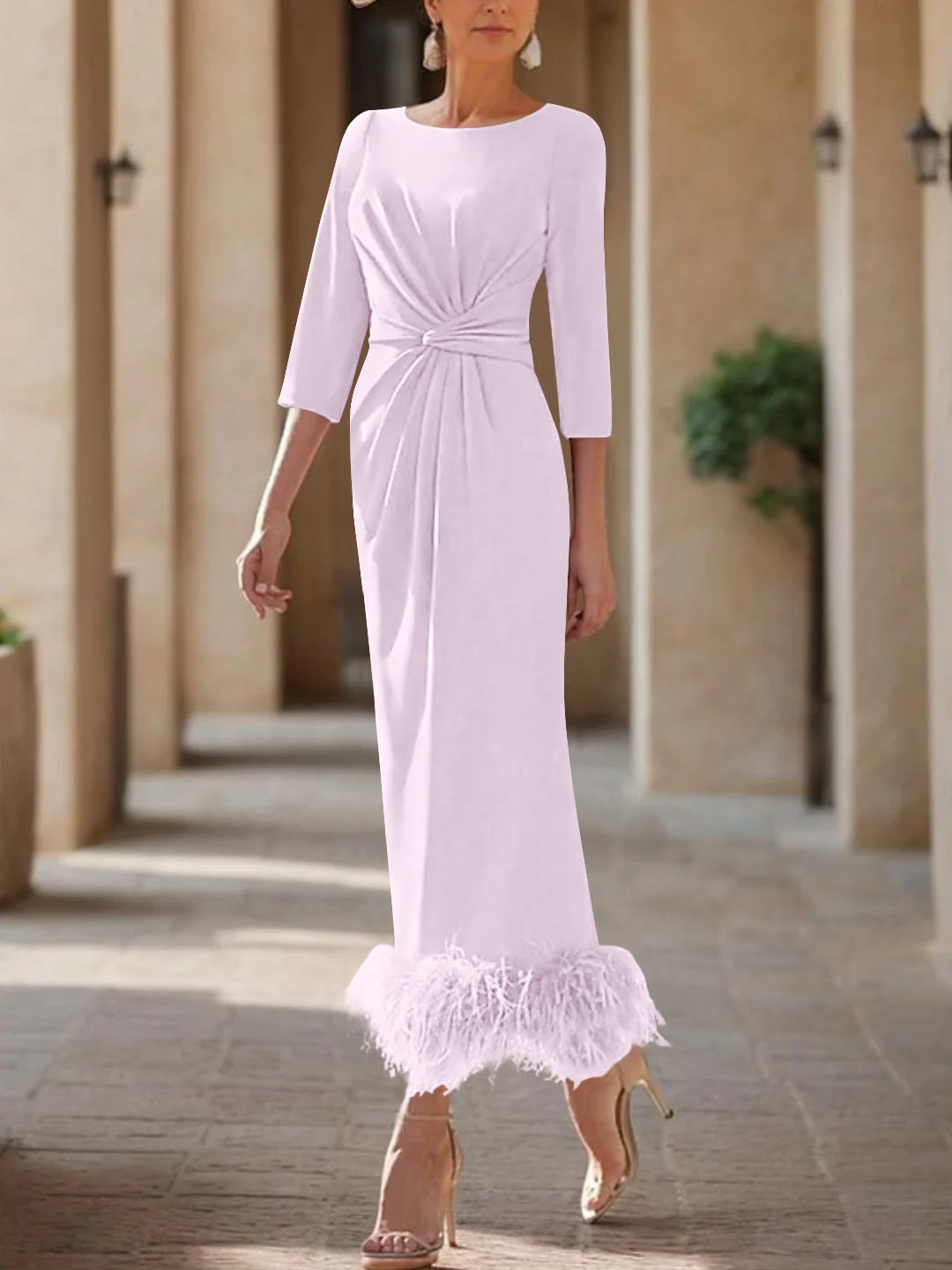 Sheath/Column Scoop Neck Ankle Length Elegant Mother of the Bride & Groom Dresses with Feather Plum Sheath/Column Scoop Neck Ankle Length Elegant Mother of the Bride & Groom Dresses with Feather Plum