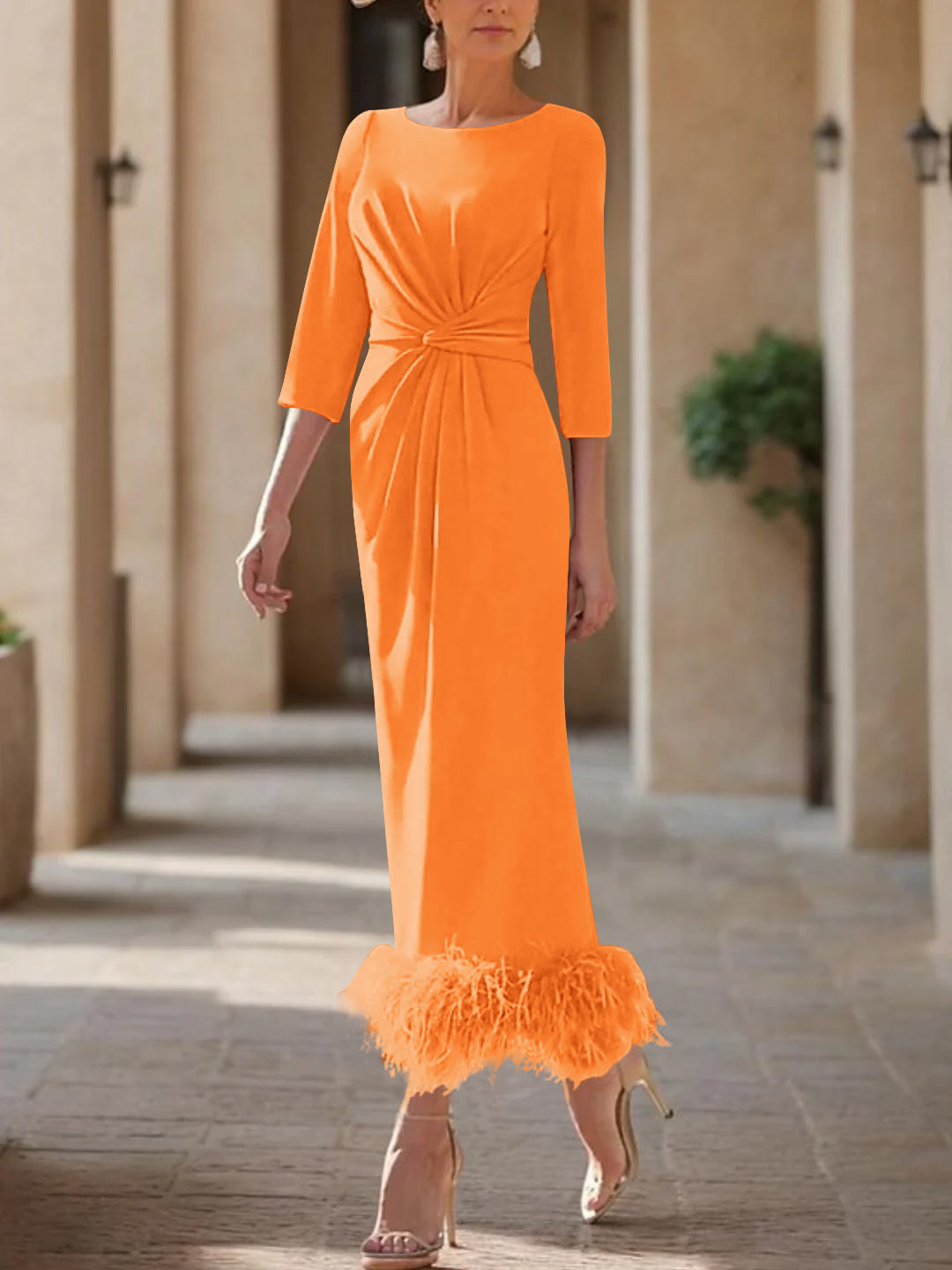 Sheath/Column Scoop Neck Ankle Length Elegant Mother of the Bride & Groom Dresses with Feather Orange Sheath/Column Scoop Neck Ankle Length Elegant Mother of the Bride & Groom Dresses with Feather Orange