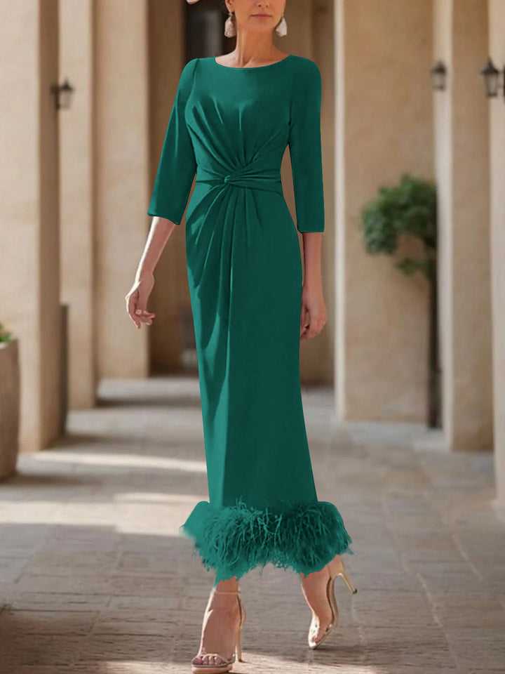 Sheath/Column Scoop Neck Ankle Length Elegant Mother of the Bride  & Groom Dresses with Feather